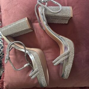 Silver Rhinestone Platform Heels with Strappy Design - BRAND NEW NEVER WORN